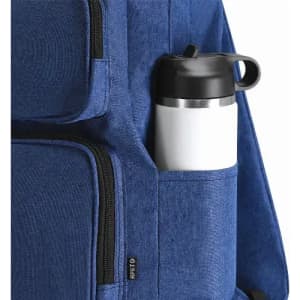 A blue laptop bag with a side pocket holding a white drink bottle with a black lid. It features a logo on the fabric.