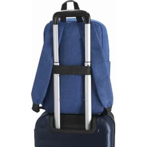 A blue laptop bag secured over the handle of a suitcase, featuring adjustable straps and a sleek design.