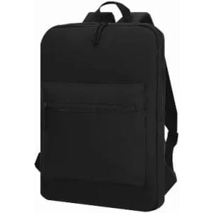 A black backpack with a front zip pocket and shoulder straps, featuring a sleek, minimalist design.