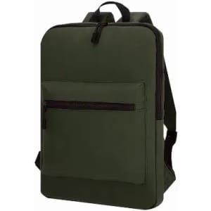 A backpack in olive green with a front zip pocket and adjustable straps. It features a sleek, minimalist design.
