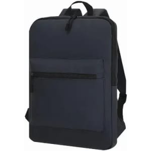A backpack in a sleek navy blue design, featuring a front zip pocket and adjustable straps.