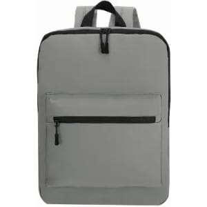 A grey backpack featuring a front zip pocket and padded shoulder straps, with a simple and minimalist design.