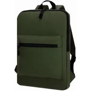 A backpack in olive green with a front pocket and adjustable straps, featuring a logo on the front.
