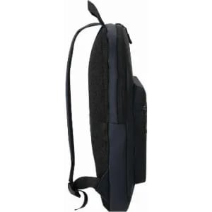 A black backpack with padded straps and a side pocket, featuring a logo on one side.