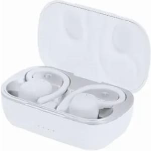 A pair of white wireless earbuds in a matching charging case, featuring a sleek design.