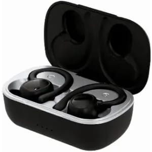 A set of black wireless earbuds in a charging case. The case is open, revealing the earbuds inside.