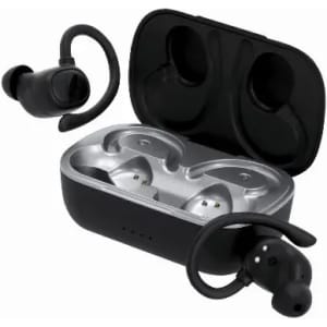 Wireless earphones in a black charging case, featuring a sleek design with silver accents and over-ear hooks for stability.