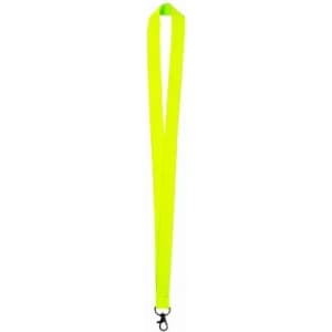 A bright yellow lanyard featuring a clip for attaching items. The lanyard is flat and wide.