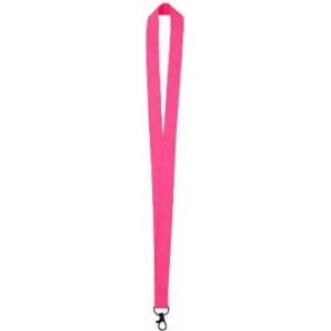 A pink lanyard with a clip at the end, designed for holding items securely.