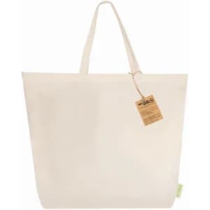 A tote bag in cream colour with two handles and a swing tag attached. The bag has a plain design.