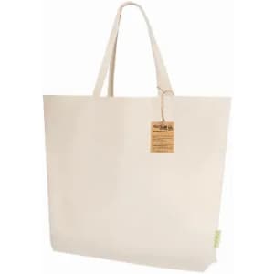 A tote bag in cream colour with two handles and a tag attached. It has a simple, minimalistic design.