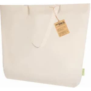 A cream-coloured tote bag with a tag, featuring a simple design and two handles.