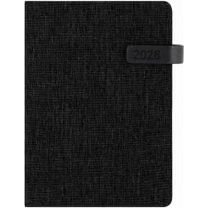 A black textile-covered diary with a elastic band and the year 2026 embossed on the front.