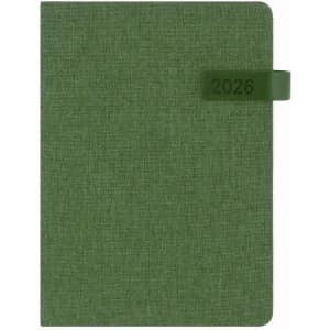 A green notebook with a textured cover featuring a closure strap and the year 2026 printed on it.