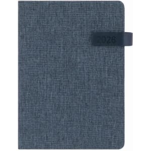 A planner with a textured navy cover and a black band displaying the year 2026. It has a simple, elegant design.