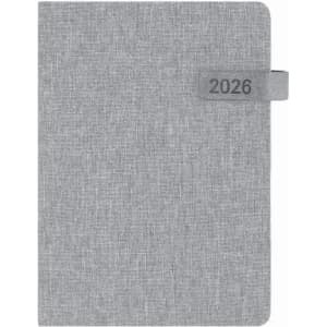 A grey planner with a textured cover, featuring a strap on the side marked '2026'.