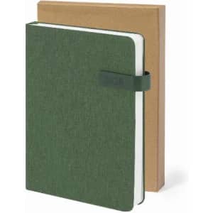 A green notebook with a textured cover, placed in a brown kraft cover. The notebook has a logo.