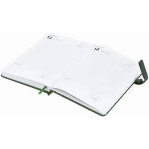 An open diary with blank pages and a green ribbon bookmark. The cover is dark green and minimalistic.