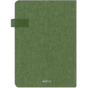 A green notebook with a textured cover, featuring a clasp closure and a logo on the bottom.