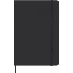 A notebook with a black cover, featuring an elastic band closure and a stitched spine.
