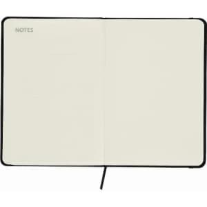 A blank notebook featuring black covers and lined pages, with the word "NOTES" at the top of the left page.