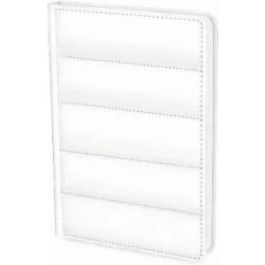 A white, textured notebook with a stitched design and horizontal lines on the cover, featuring a logo.