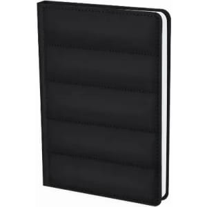 A black notebook with a textured cover and noticeable stitching. It features a plain white page interior and a logo.