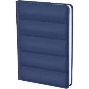 A notebook with a navy blue cover featuring a textured design and a stitched appearance. It has a logo on the front.