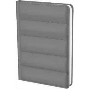 A grey notebook with a textured cover featuring horizontal lines and a stitched design.