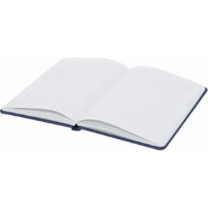 An open notebook with blank pages and a blue cover, featuring textured patterns on the pages.