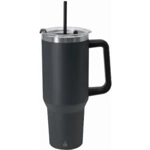 A drink bottle in matte black with a stainless steel lid, straw, and a sturdy handle. It features a logo.