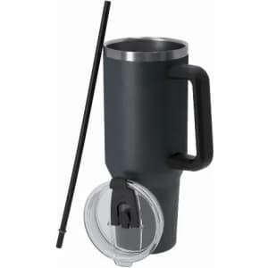 A drink bottle in matte black with a stainless steel rim, featuring a handle, straw, and a transparent lid.