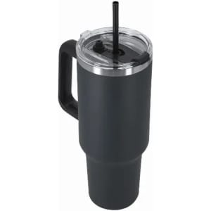 A drink bottle in matte black with a handle, clear lid, and a straw for easy sipping. It features a logo.