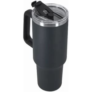 A drink bottle in matte black with a clear lid and a handle, featuring a black spout for easy drinking.