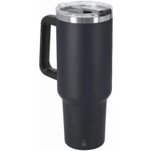 A drink bottle in matte black with a silver lid and handle, featuring a clear removable top.