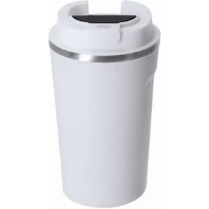 A drink bottle in white with a silver band and a lid, featuring a sleek, cylindrical design.