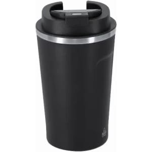 A drink bottle in matte black with a metal band and a secure lid. It features a logo on the side.