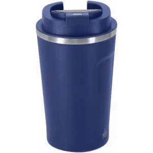 A drink bottle in navy blue with a stainless steel band and a secure lid, featuring a logo.