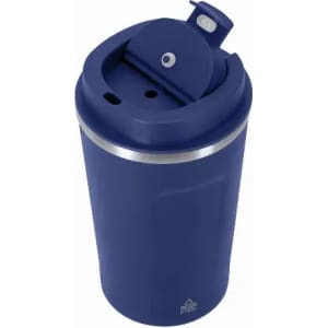 A drink bottle in navy blue with a silver band and a flip-top lid. It features a logo on the side.