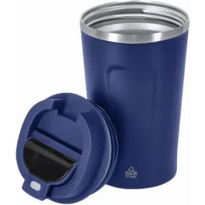 A drink bottle in navy blue with a stainless steel interior and a fitted lid for easy sipping.