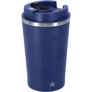 A drink bottle in deep blue stainless steel with a silver band and a lid featuring a control panel.