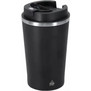 A drink bottle in black with a silver band and a lid, featuring a logo.