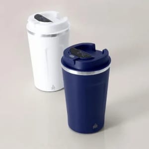 A drink bottle featuring a sleek design in white and navy blue, with a secure lid and brand logo.