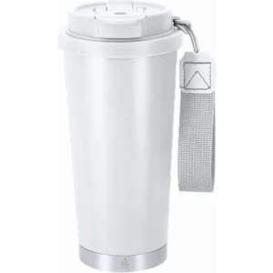 A drink bottle in white with a grey strap and a silver base, featuring a screw-top lid and a logo.