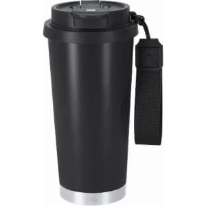 A drink bottle with a sleek black design, featuring a secure lid and a stainless steel base, includes a carrying strap.
