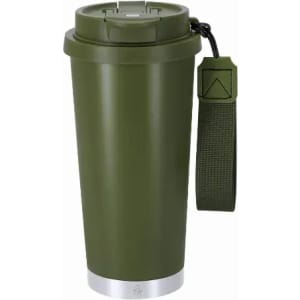 A drink bottle in olive green with a silver base and a removable strap for easy carrying. Features a logo on the side.
