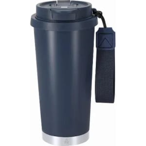 A drink bottle in navy blue with a silver base, featuring a strap and a secure lid. It includes a logo.