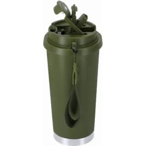 A drink bottle in olive green with a silver base, featuring a lid and a carrying strap. It has a branding logo.