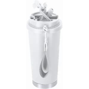 A drink bottle in white with a metal base, featuring a unique top and a handle for easy carrying.
