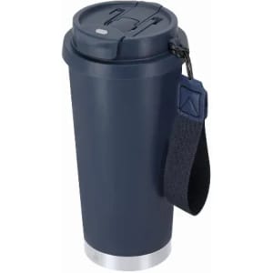A drink bottle in navy blue with a grey base and a black strap for easy carrying. Features a secured lid.